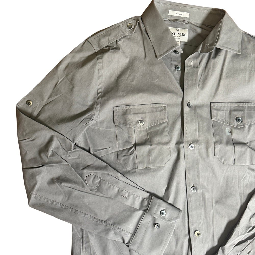 NEW Express MK2 Mens M Button Up Utility Fitted Shirt Grey Roll Cuff Streetwear